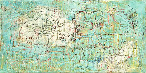 Fractured spaces. Painting by Simon james. Gesso on canvas 100cm x 200cm 2022