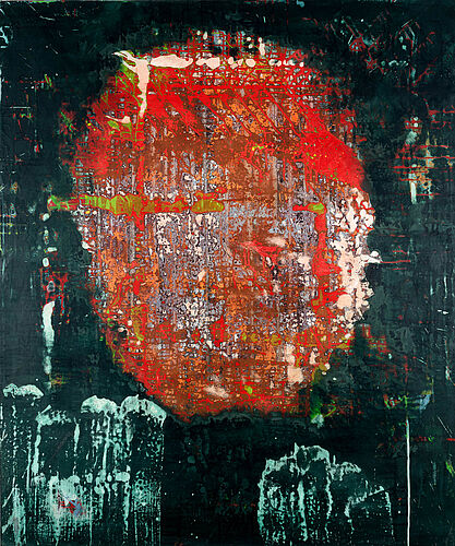Painting by Simon James. Red sun. Colours: Fragmented Red circular form on dark green background
