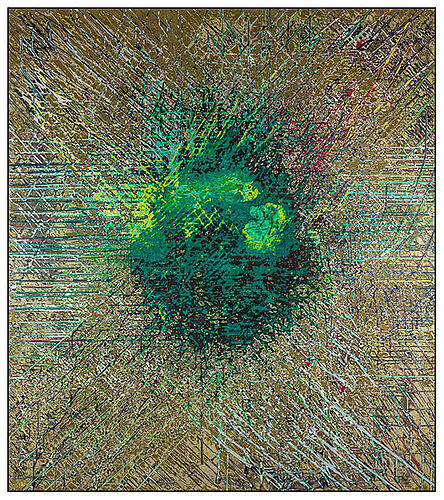 Explosive painting by Simon James 2019 Gesso on canvas. Colours: Green, Emerald, Bronze, Beige, Multicoloured details.  